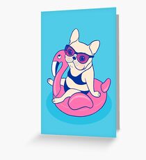 Frenchie genießt Sommer auf Flamingo Pool Float im Schwimmbad Grußkarte