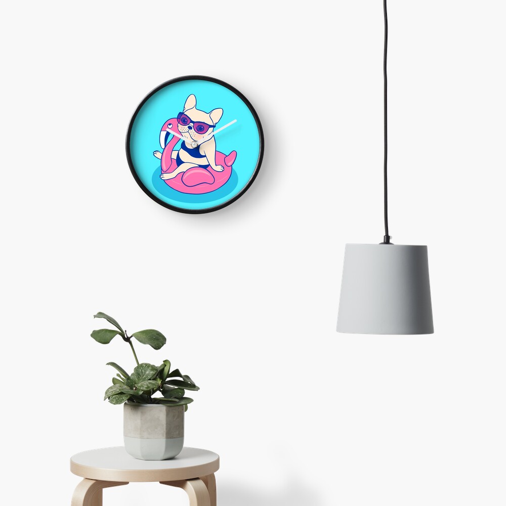 Frenchie enjoys Summer on Flamingo Pool Float in swimming pool Clock