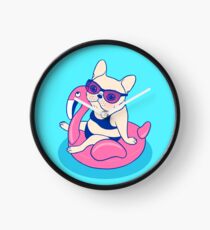 Frenchie enjoys Summer on Flamingo Pool Float in swimming pool Clock
