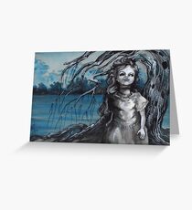old doll with weeping willow,watercolor and ink painting, creepy doll art, goth, dark Greeting Card