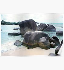 Rocks at sea and on white sand beach, Belitung Island. Poster