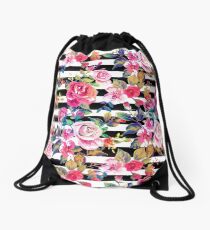 Cute spring floral and stripes watercolor pattern Drawstring Bag