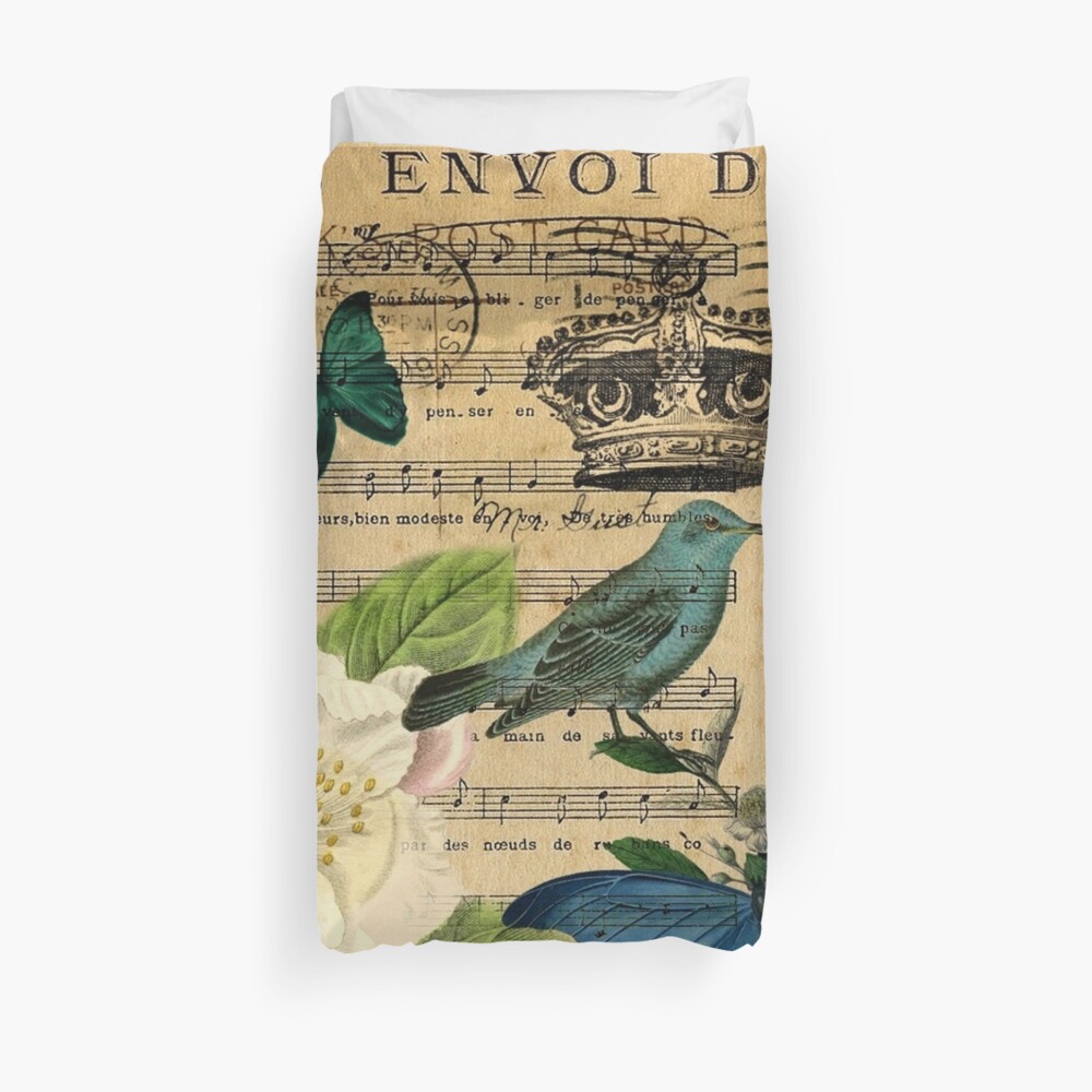 vintage Bird butterfly rose music notes Paris Duvet Cover