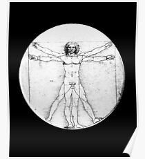 LEONARDO, Da Vinci, The Vitruvian Man, Naked, CIRCLE, c.1485, Academia, Venice, on BLACK. Poster