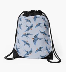 Swallows in Blue on Stormy Grey Drawstring Bag