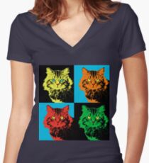 CAT POP ART YELLOW RED GREEN Women's Fitted V-Neck T-Shirt