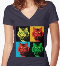 CAT POP ART YELLOW RED GREEN Women's Fitted V-Neck T-Shirt