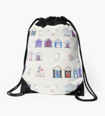 Beach Huts, Bournemouth - on grey - original watercolour pattern by Cecca Designs Drawstring Bag