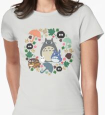 My Neighbor Totoro Wreath - Anime, Catbus, Soot Sprite, Blue Totoro, White Totoro, Mustard, Ochre, Umbrella, Manga, Hayao Miyazaki, Studio Ghibl Women's Fitted T-Shirt