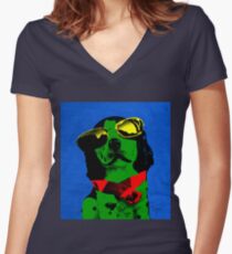 FUNNY DOG Green Blue Women's Fitted V-Neck T-Shirt