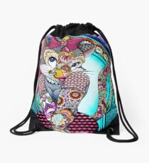 Tattooed Lucky Cat Drawstring Bag