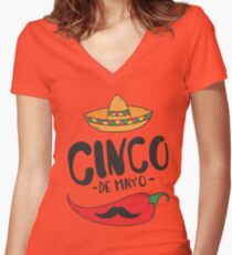 Big Red Chili Pepper Funny Mustache Sumbrero Festival Mexican Party Women's Fitted V-Neck T-Shirt