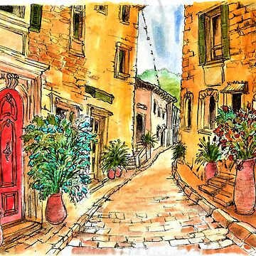 Italian Village Street (watercolor and ink print) | Canvas Print