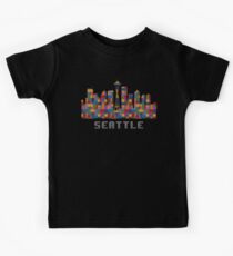 Space Needle Seattle Washington Skyline Created With Lego Like Blocks Kids Tee