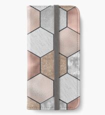 Marmor Sechsecke und Roségold auf Schwarz iPhone Flip-Case/Hülle/Klebefolie