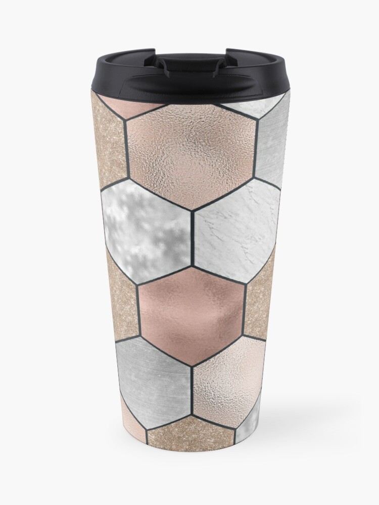 marble hexagons and rose gold on black p=travel mug