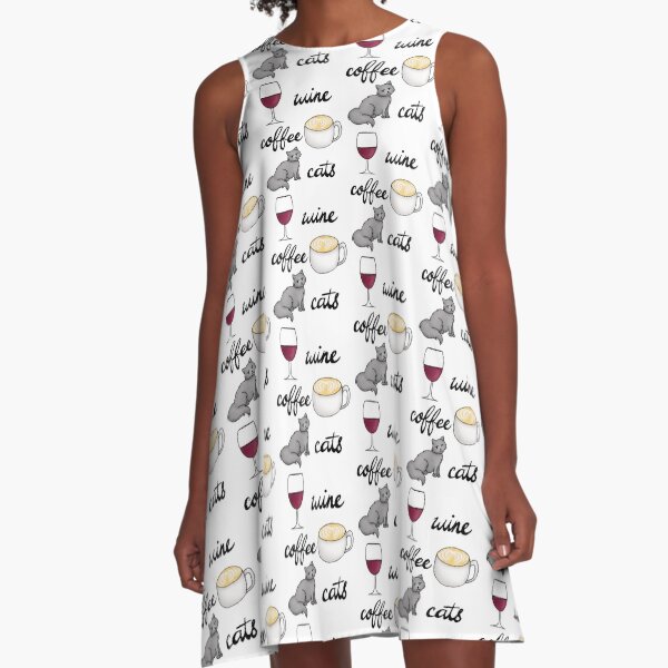 Wine Coffee Cats A-Line Dress