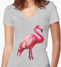 Sequin Printed Tropical Flamingo Bird Women's Fitted V-Neck T-Shirt