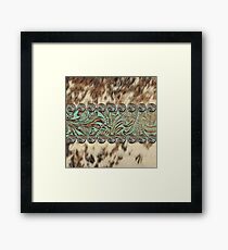 Rustic brown cowhide teal western country tooled leather Framed Print