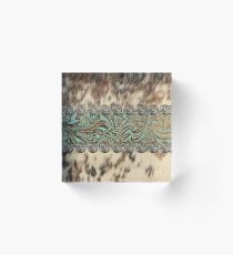 Rustic brown cowhide teal western country tooled leather Acrylic Block