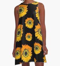 Sonnenblumen auf schwarzem Hintergrund, Sommerblumen, Blumenmuster A-Linien Kleid