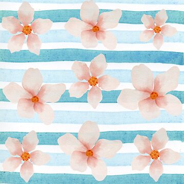 Artwork thumbnail, Stripes and flowers pattern - watercolor pink and blue floral stripes by patterncrow