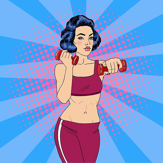 "Pop Art Woman Doing Exercices with Dumbbells. Fitness, Workout, Yoga