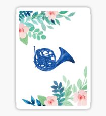 Blue French Horn Floral Illustration Sticker