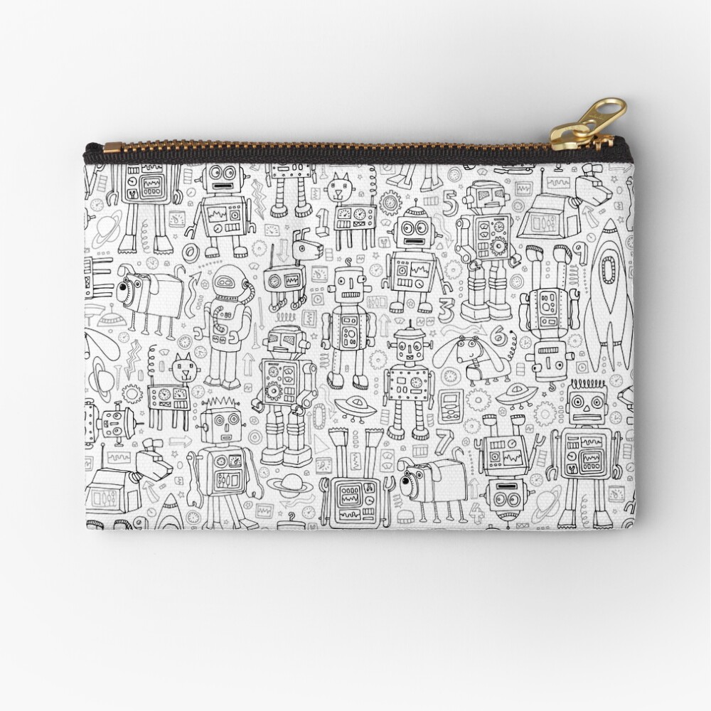 Robot pattern - black and white - fun pattern by Cecca Designs Zipper Pouch