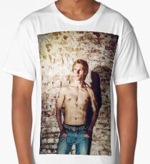Strong sexy young guy posing with naked torse, active casual style Long T-Shirt