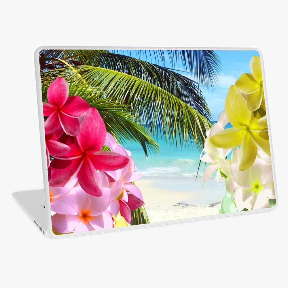 Tropical Beach and Exotic Plumeria Flowers Laptop Skin