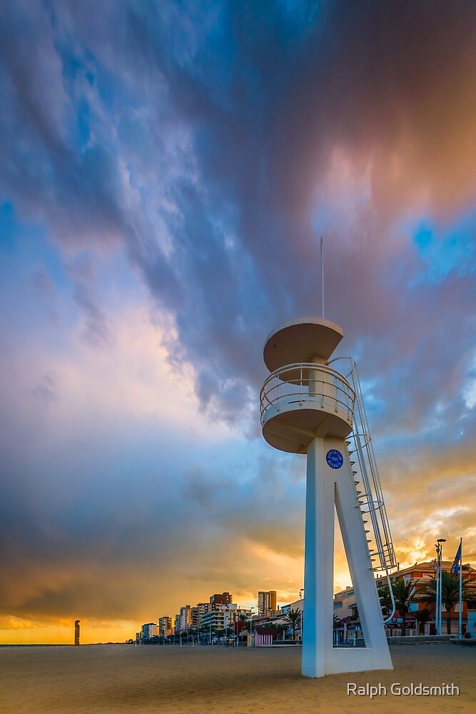 Lifeguard tower at sunset by Ralph Goldsmith