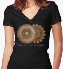 USA Sonnenfinsternis 21. August 2017 Holzmaserung Laser geätzt Design Shirt mit V-Ausschnitt