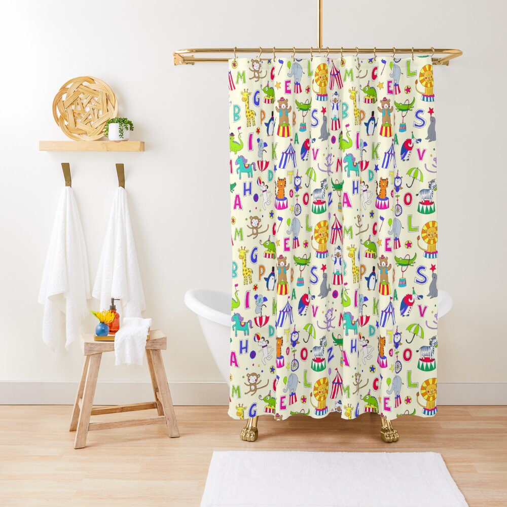 Circus Animal Alphabet - multicoloured on cream - Cute animal pattern by Cecca Designs Shower Curtain