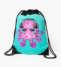 Pink Baby Octopus Dj Wearing Headphones Drawstring Bag