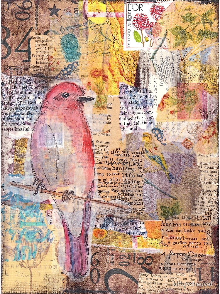 "Mixed media collage bird" Metal Print by kittyvdheuvel Redbubble