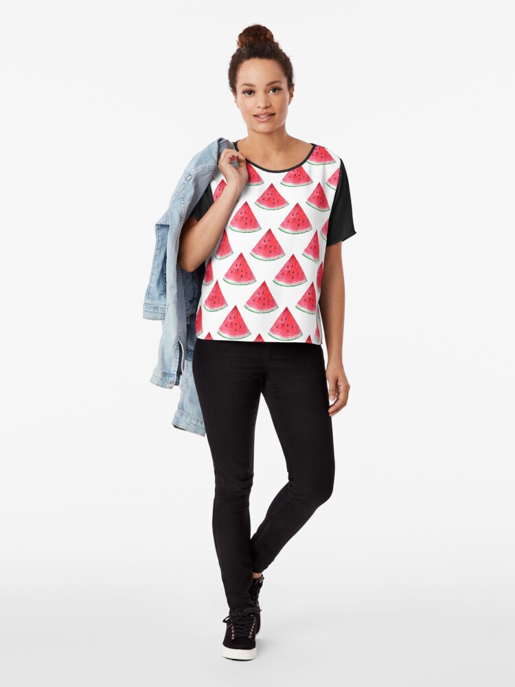 Alternate view of Juicy watermelon. Watercolor Tropical Fruit Chiffon Top