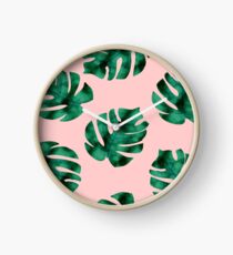 Tropical fern leaves on peach Clock