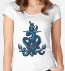 Octopus tentacles and anchor. Vintage travel print. Women's Fitted Scoop T-Shirt