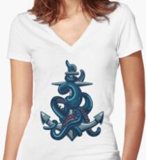 Octopus tentacles and anchor. Vintage travel print. Women's Fitted V-Neck T-Shirt
