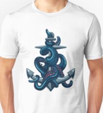 Octopus tentacles and anchor. Vintage travel print. Unisex T-Shirt