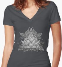 Grey Lotus Flower Geometric Design Women's Fitted V-Neck T-Shirt