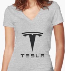Tesla Black Logo Women's Fitted V-Neck T-Shirt