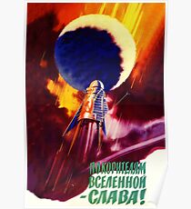 Flying rockets, space race, vintage Soviet propaganda poster Poster