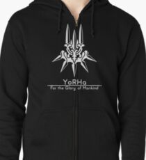 YoRHa + Motto Schwarzer Hintergrund Hoodie mit Reißverschluss