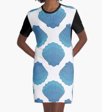 Blue Seashell Mosaic Pattern Graphic T-Shirt Dress