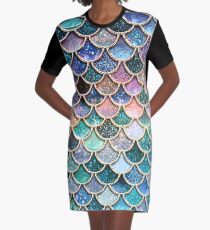 Aquamarine, silberne und rosa Schein-Kunst-Glitter-Meerjungfrau-Skalen T-Shirt Kleid