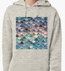 Teal, Silver and Pink Sparkle Faux Glitter Mermaid Scales Pullover Hoodie