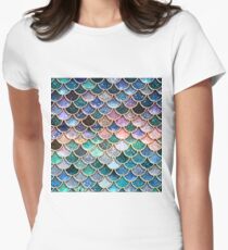 Teal, Silver and Pink Sparkle Faux Glitter Mermaid Scales Women's Fitted T-Shirt