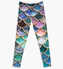 Teal, Silver and Pink Sparkle Faux Glitter Mermaid Scales Leggings